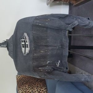 Blue B Distressed Black Rhinestone Fringe Crop Denim Jacket